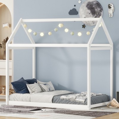 Twin Size Wooden House Bed with Roof for Bedroom