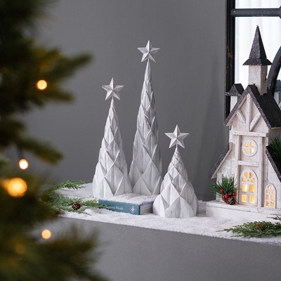Whisen Set of 3 Resin Foil Christmas Tree With Star Top - White & Silver