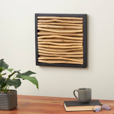 Olivia & May 16"x16" Teak Wood Abstract Handmade Branch Wall Decor with Horizontal Sticks and Black Frames Brown: Modern Style