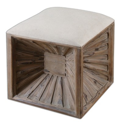Uttermost Jia Wooden Ottoman with Linen Upholstery, White & Woodtone