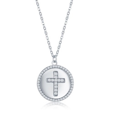 Bella Silver Sterling Silver Micro Pave CZ Disc Necklace - Cross - Silver - 16+2 Inch
