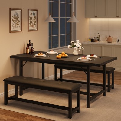 Garvee Extendable Dining Table Set for 4-6, Large Rectangle Table with 2 Upholstered Benches, Extendable Kitchen Table Set for Apartment, Small Space