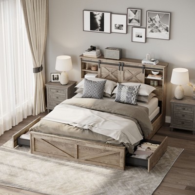 PAGED Queen Size Bed Frame Mid-Century Modern Bed with Stylish Slat-Back Design and Center Support Legs, Easy Assembly, Noise Free