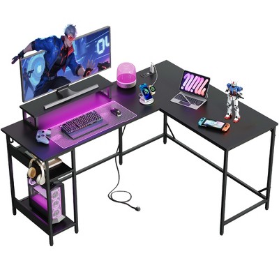 GALAXHERO 60 Inch L-Shaped Gaming Desk with Power Outlets & LED Lights, Corner Desk with Hook, Convertible Office Desk for Bedroom