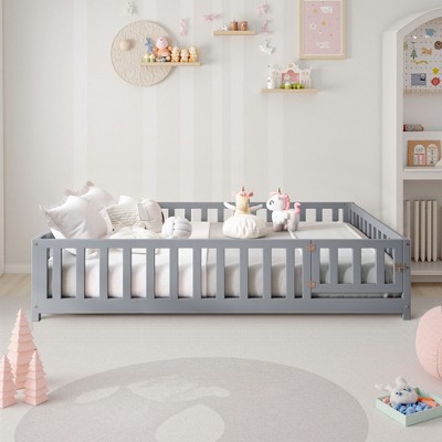 Full Size Floor Platform Bed with Fence and Door for Kids