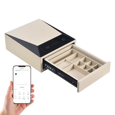 UNISOAR Biometric Fingerprint Jewelry Safe for Home , Leather Wrapped  Safe , Slide-Away Drawer, Digital Keypad & Fingerprint Lock