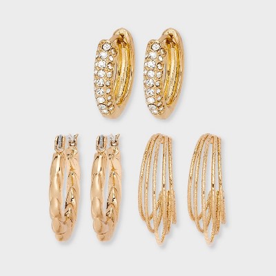 Fancy Crystal Hoop Earring Set 3pc - Wild Fable™ Gold