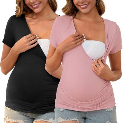 INSPIRE CHIC 2 Pcs Women's Soft Material Faux Wrap Side Ruched Cross V Neck Maternity Top