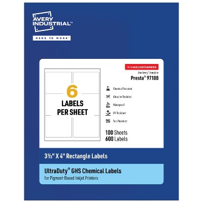 Avery UltraDuty GHS Labels, Waterproof, 3-1/3 X 4 Inch Rectangle Printable Labels, for Use with Pigment Inkjet Printers