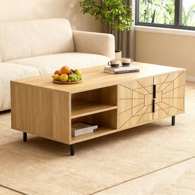 Homy Casa Rectangular Coffee Table with Storage Cabinet and Open Shelf for Living Room, Oak