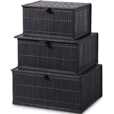Aoibox Set of 3 Bamboo Woven Lined Storage Baskets with Lids Black Decorative Organizer for Home Kitchen Shelf