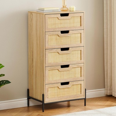 Natural Rattan Dresser, Wooden Chest of Drawer, Farmhouse Storage Cabinet, Bedroom Dresser