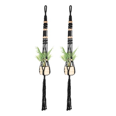 Unique Bargains Handmade Cotton Rope Hanging Basket Holder 46 Inch Black 2-Pack