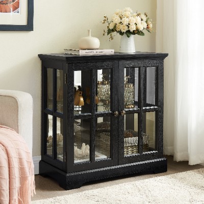 Lyngins Vintage Oak Glass Display Cabinet, 2-Door Storage Cabinet with 7-Color LED Lights, Adjustable Glass Shelves, Magnetic Closure, Sideboard