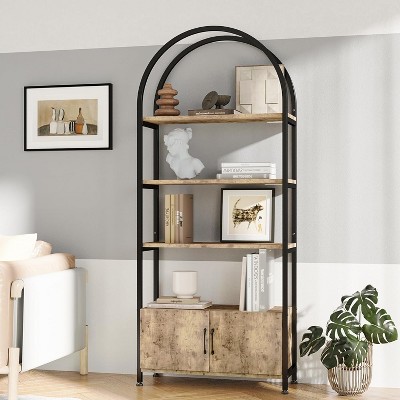 Arched Bookshelf, 4-Tier Arched Bookcase with Doors Storage, 71.5" Tall Industrial Book Shelf with Studry Metal Frame and Open Shelves