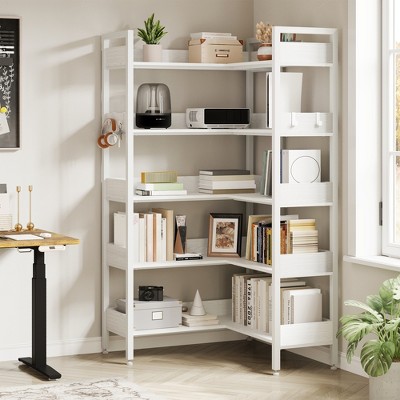 5-Tier Corner Bookshelf, Convertible Bookcase, Industrial Metal Frame Storage Book Shelf with Open Shelves for Living Room Bedroom Home Office