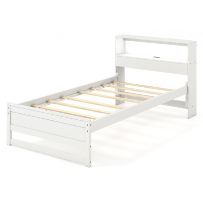 Tangkula Twin Size Wooden Bed Frame w/ Charging Station & LED Light Storage Headboard