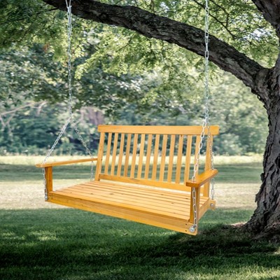Grungis Patio Swing Chair Outdoor with Armrests, Front Porch Swing Wood Bench with Hanging Chains for Outdoor Patio, Garden Yard, Porch