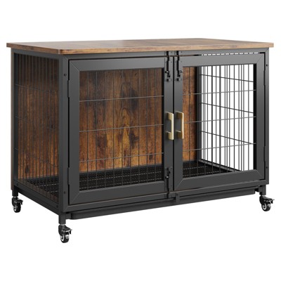 37.5" Farmhouse Wooden Dog Crate Furniture, Indoor Dog Kennel Cage Table for Medium Large Dogs, Decorative Dog Crate End Table with Double Doors