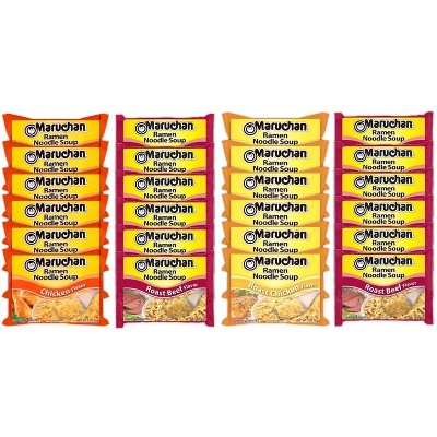 Maruchan Ramen Instant Noodle Soup 24 Packs, 4 Flavors - 6 Pack Beef, 6 Pack Roast Chicken , 6 Pack Roast Beef, 6 Pack Chicken