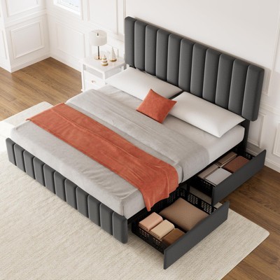 King Size Bed Frame with 4 Storage Drawers, Linen Upholstered Platform Bed Frame, Adjustable Height Headboard, No Box Spring Needed