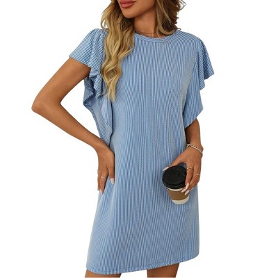 Women Summer T Shirt Dress Ruched Sleeve Crew Neck Loose Mini Dress Basic Casual Dresses