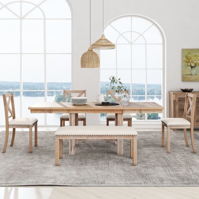 HABITRIO 6 Piece Extendable Dining Table Set for 6, Farmhouse Dining Set with 4 Upholstered Dining Chairs, Bench & 2 Removable Leaves, Natural/Black