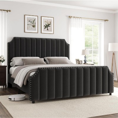 Nasitip Velvet Bed Frame-Upholstered Headboard, Footboard with Nailhead Trim, No Box Spring Needed, Solid Wood Slats, Noise Free