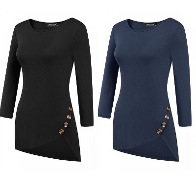 Allegra K Women's 3/4 Sleeve Round Neck Button Decor Casual Stretchy Tunic Tops 2 Packs