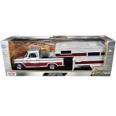 1966 Chevrolet C10 Fleetside Truck Silver Metallic with Brown with Camper "American Classics" 1/24 Diecast Model Car by Motormax