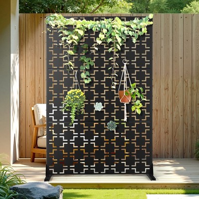 TOAOTBNBO Metal Privacy Screen with Stand, Decorative Privacy Fence Panels with Square Pattern, Outdoor Privacy Screen for Garden, Black