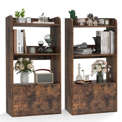 Tangkula 2PCS Bookcase w/ Drawer 3-Tier Open Shelf Anti-Toppling Kits for Living Room