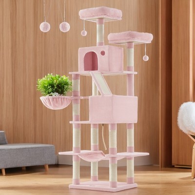 81.1 Inch Large Cat Tree Tower  with 13 Scratching Posts, 2 Perches, 2 Caves, Basket, Hammock, Pompoms - Multi-Level Plush Cat Condo for Indoor Cats