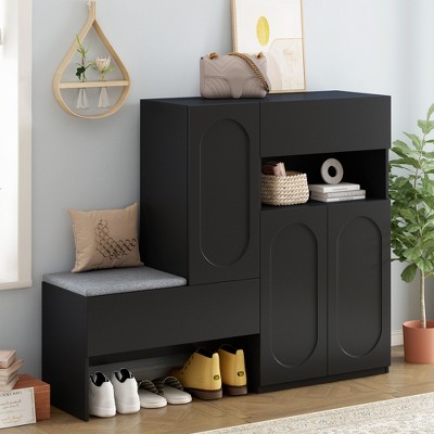 TIRAMISUBEST 2-in-1 Shoe Cabinets with Soft Cushion, Modern Storage Bench with Arched Doors, Versatile Shoe Rack Organizer with Adjustable Shelves