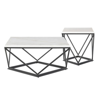 2pc Conner Occasional Coffee Table & End Table Set White - Picket House Furnishings: Marble Surface, Metal Frame