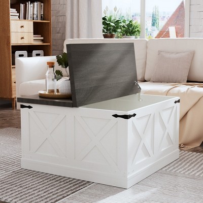 MOEPISY Square Wood Center Table with Large Hidden Storage Compartment for Living Room, White