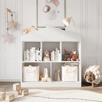 Kids Bookshelf, Toy Storage Organizer, 5-Cubby Bookcase Cabinet Shelf Wooden Cubby Storage Toy Shelf for Playroom, Nursery, Kids Room, White