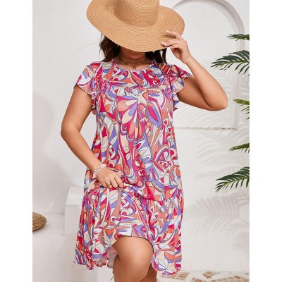 Coolmee Women's Plus Size Casual Dresses Crew Neck Short Sleeve Pleated Hem Dresses Multicolor Printed Summer Flowy A Line Midi Dresses 2XL Purple