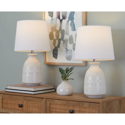 LumiSource (Set of 2) Claudia 20" Contemporary Table Lamps Off-White Ceramic, Polished Nickel Accents and White Linen Shade