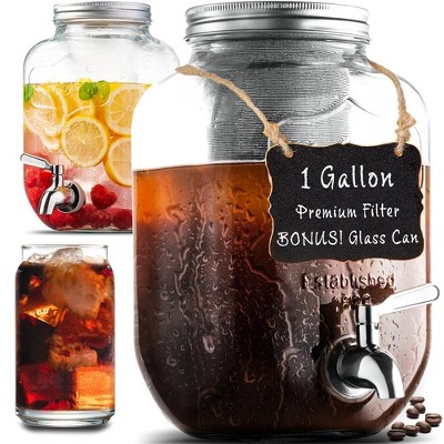 Le'raze 1 Gallon Cold Brew Coffee Maker, with 3rd Generation Mesh Filter and Stainless-Steel Spigot + Chalkboard, Marker, and Can Shaped Glass