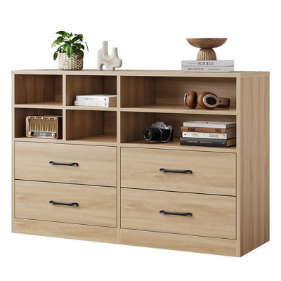ODK Modern Dresser & Storage Cabinet with 4 Drawers, 6 Cubbies & 6 Adjustable Shelves - Oak Finish TV Stand Chest for Bedroom, Living Room, Hallway