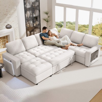 Dyonery 7-Seat Modular Sectional Sleeper Sofa with Pull-Out Bed, Reclining Backrest, USB Ports, Table, LED Lights & Storage Seats