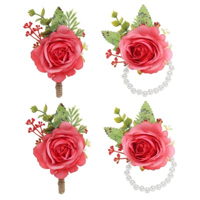 Unique Bargains Rose Wrist Corsage and Boutonnieres Fabric Adjustable Artificial Flowers 4 Pcs