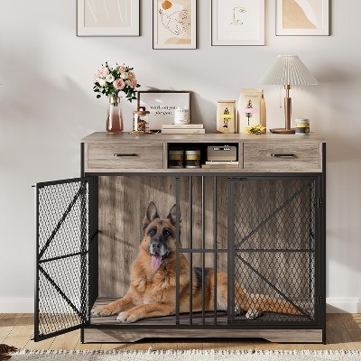 44 Inch Dog Crate Furniture with Drawers, Wooden Dog Cage with Open Compartment & Double Doors