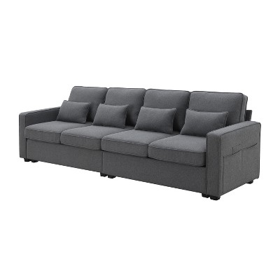 APRILSOUL 104" 4-Seater Linen Sofa - Armrest Pockets, 4 Pillows, Minimalist for Living Room