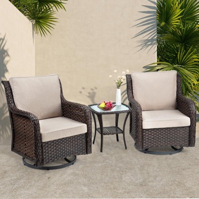 Outdoor Swivel Wicker Glider Patio Chairs with Table Set, 3PCS Outdoor Bistro Set with 4inch Thick Cushions and Coffee Table for Porch, Balcony