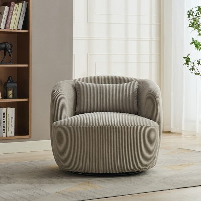 34.25" Corduroy Upholstered Swivel Barrel Accent Chair with Pillow, Soft 360° Lounge Armchair for Living Room or Bedroom-Maison Boucle