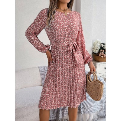 Coolmee Women Casual Smocked Crew Neck Floral Long Sleeve A-Line Swing Midi Dress With Belt