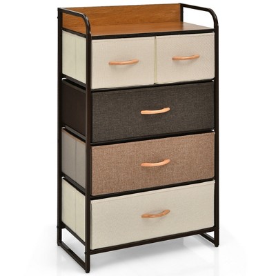 Costway 5-Drawer Dresser Storage 4-Tier Organizer Tower Steel Frame Wooden Top Gray/Cream