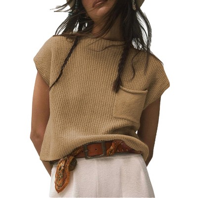 Cap Sleeve Tops for Women Spring Mock Neck Sleeveless Knit Tops with Chest Pocket Summer Crew Neck Pullover Sweater